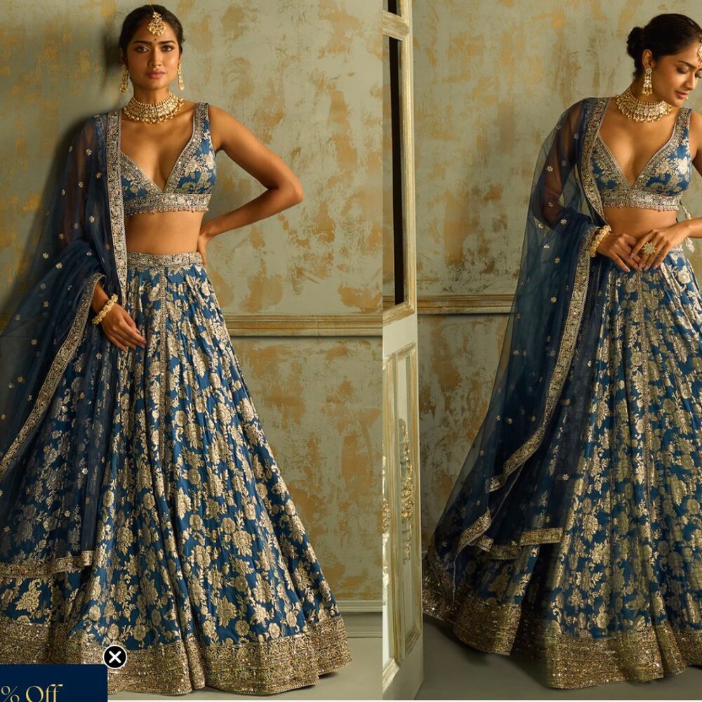 Lashkaraa -Blue Embroidered Brocade Lehenga × 1- Size M WORN ONCE